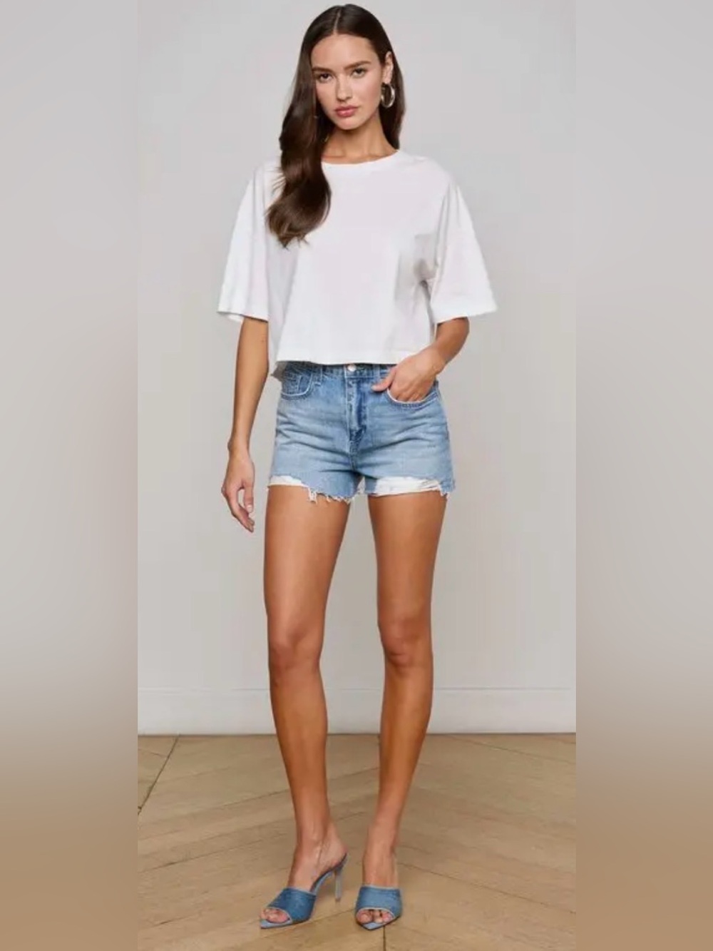 L'AGENCE Clark High Waist Denim Cutoff Shorts in GALVESTON DESTRUCT